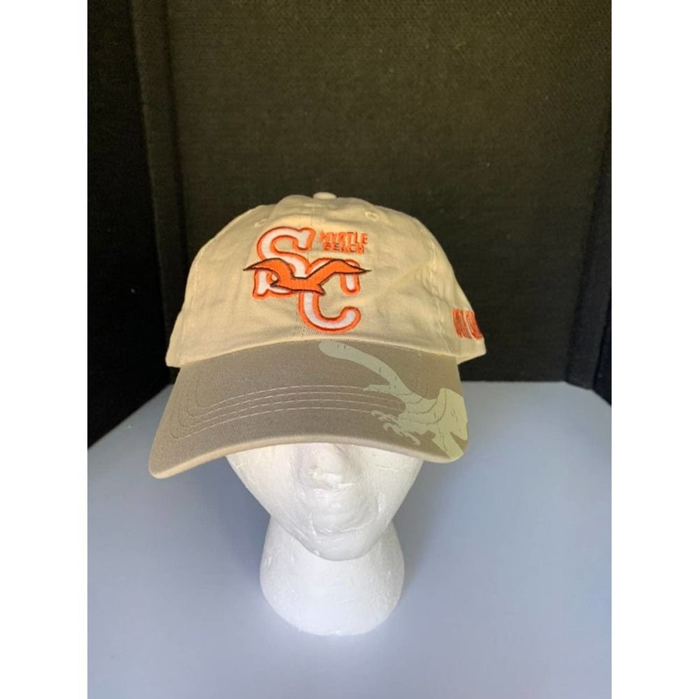 Myrtle Beach SC Beige Orange Strap Back Lucky 777 Baseball hat cap.  Bird on fro